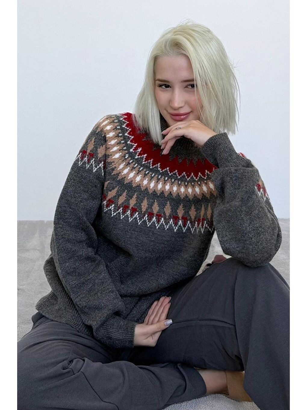 Antrasit Bisiklet Yaka Desenli Kadın Triko Kazak Mg2502-1