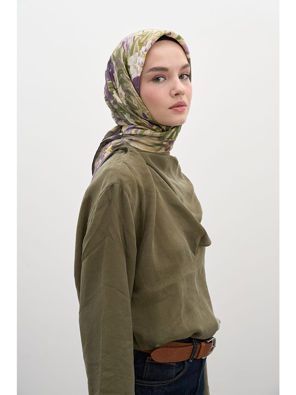 Bej Josıane Desen Pamuklu Viskon Eşarp Vizon-2