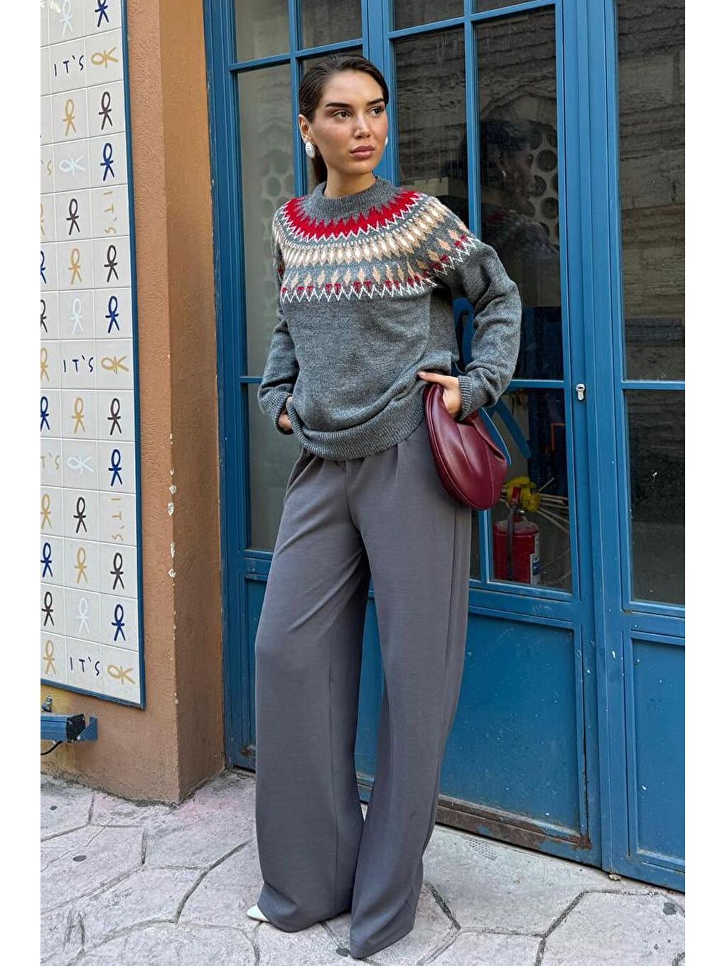 Antrasit Bisiklet Yaka Desenli Kadın Triko Kazak Mg2502-2