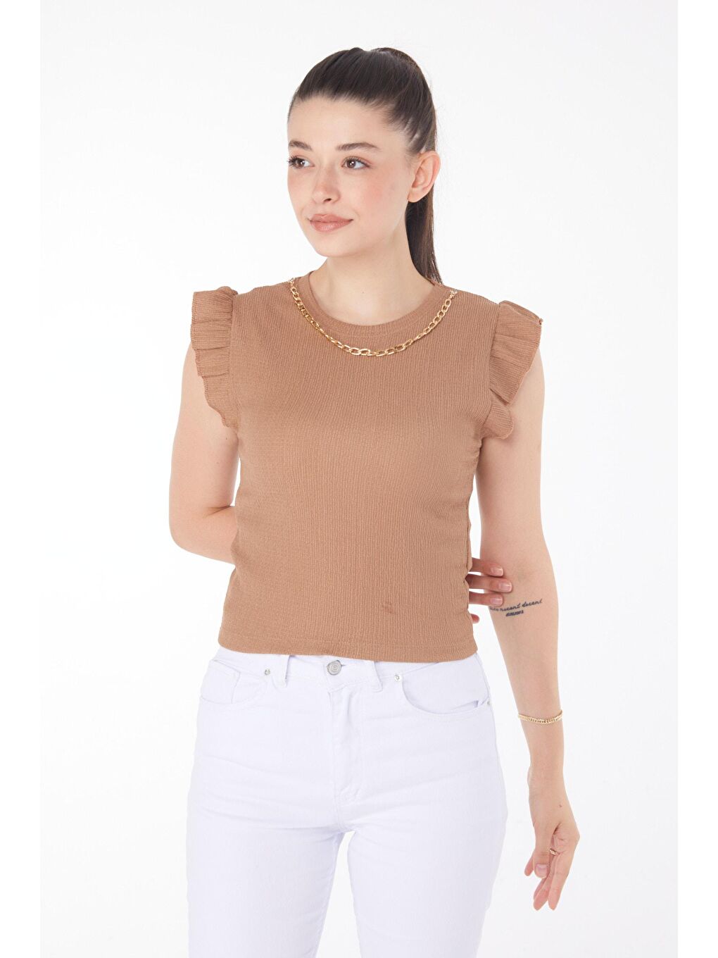 Bej Bisiklet Yaka Kadın Vizon Zincir Kolyeli Bluz - 25861-1
