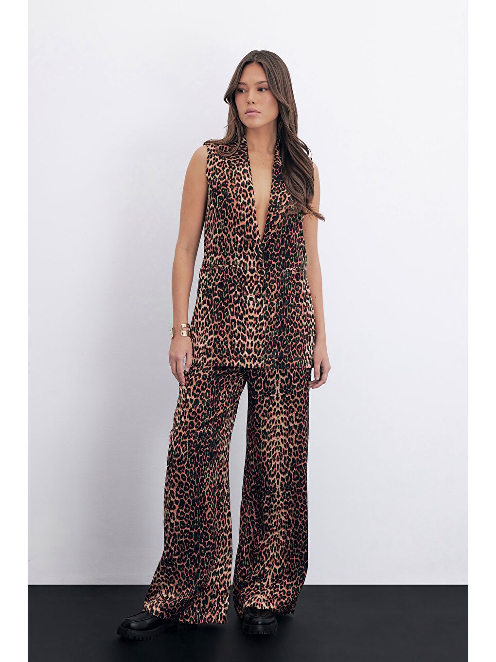 Leopar Desen Uzun Yelek - Siyah