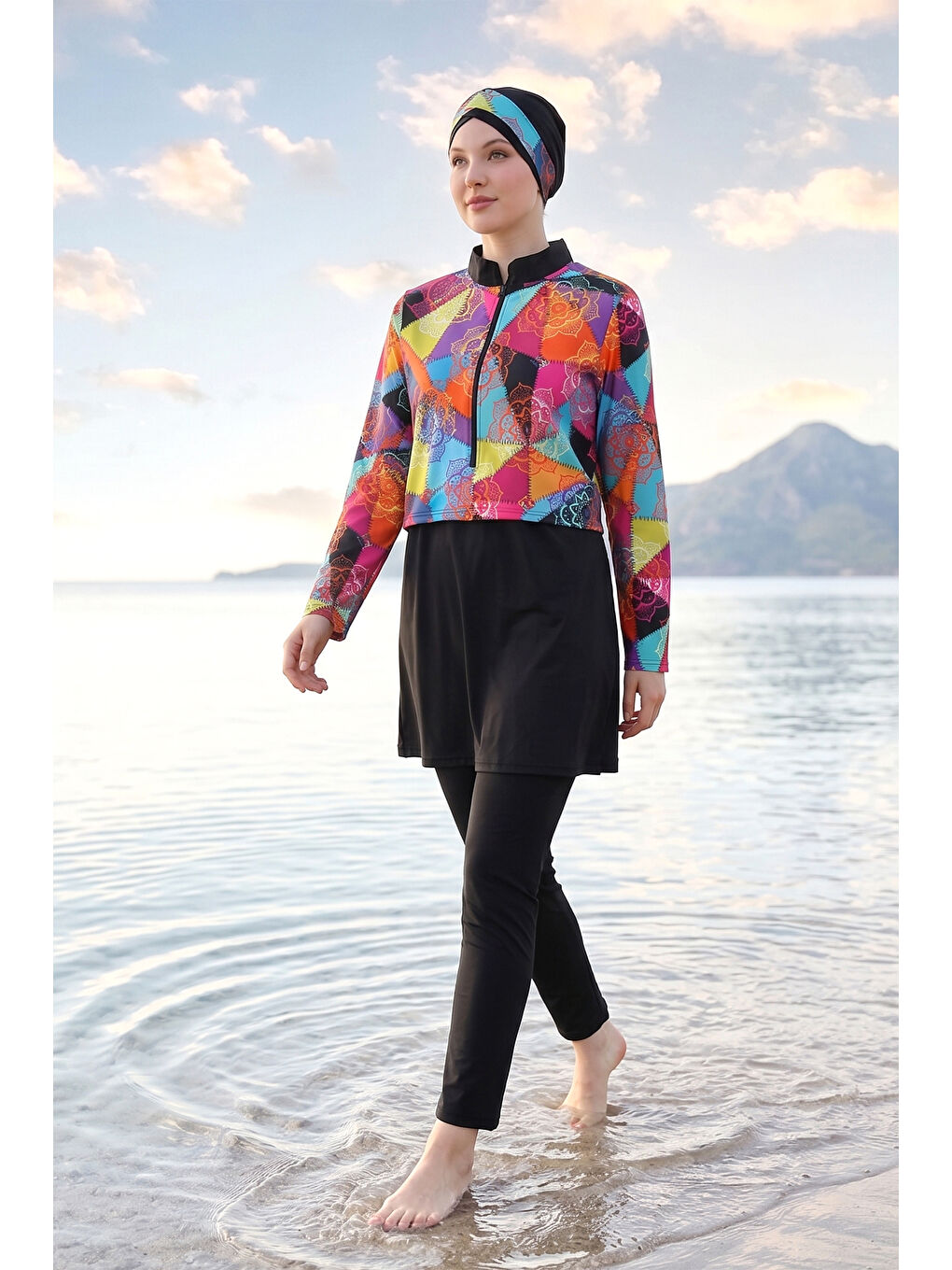 Büyük Beden Desenli Tam Kapalı Tesettür Mayo 14 Siyah05-2