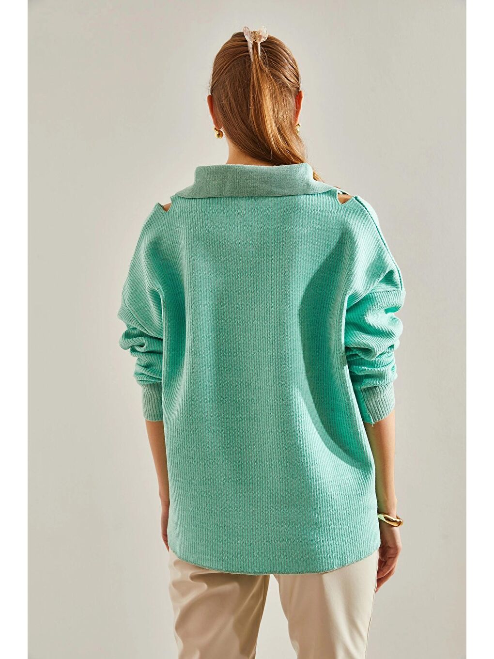 Turkuaz Kadın Omuz Dekolteli Yakalı Triko Hırka-2