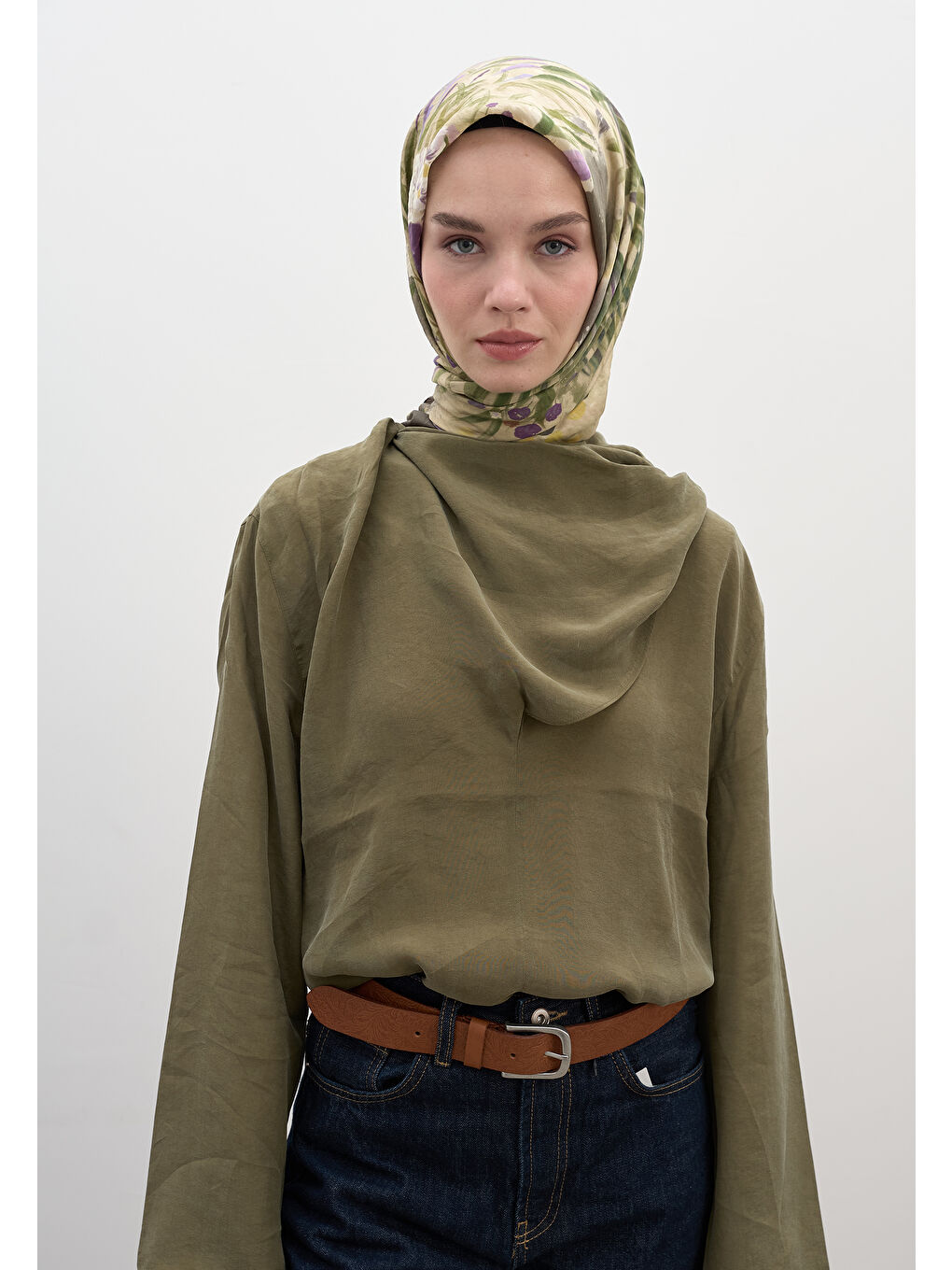 Bej Josıane Desen Pamuklu Viskon Eşarp Vizon-3