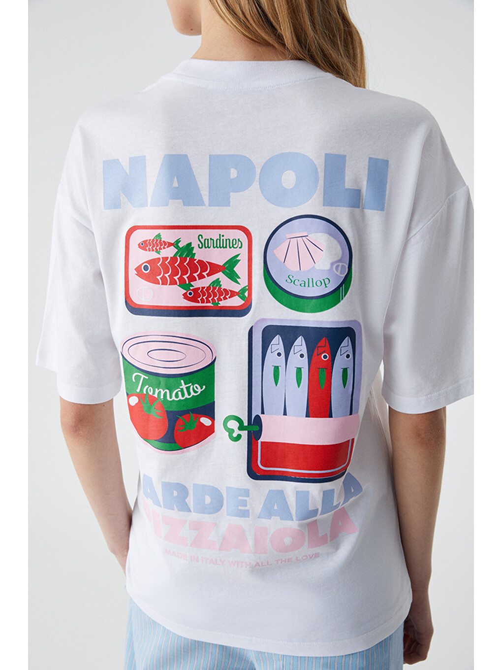 Caıtlyn Kadın Oversize Bisiklet Yaka Beyaz T-shirt-3