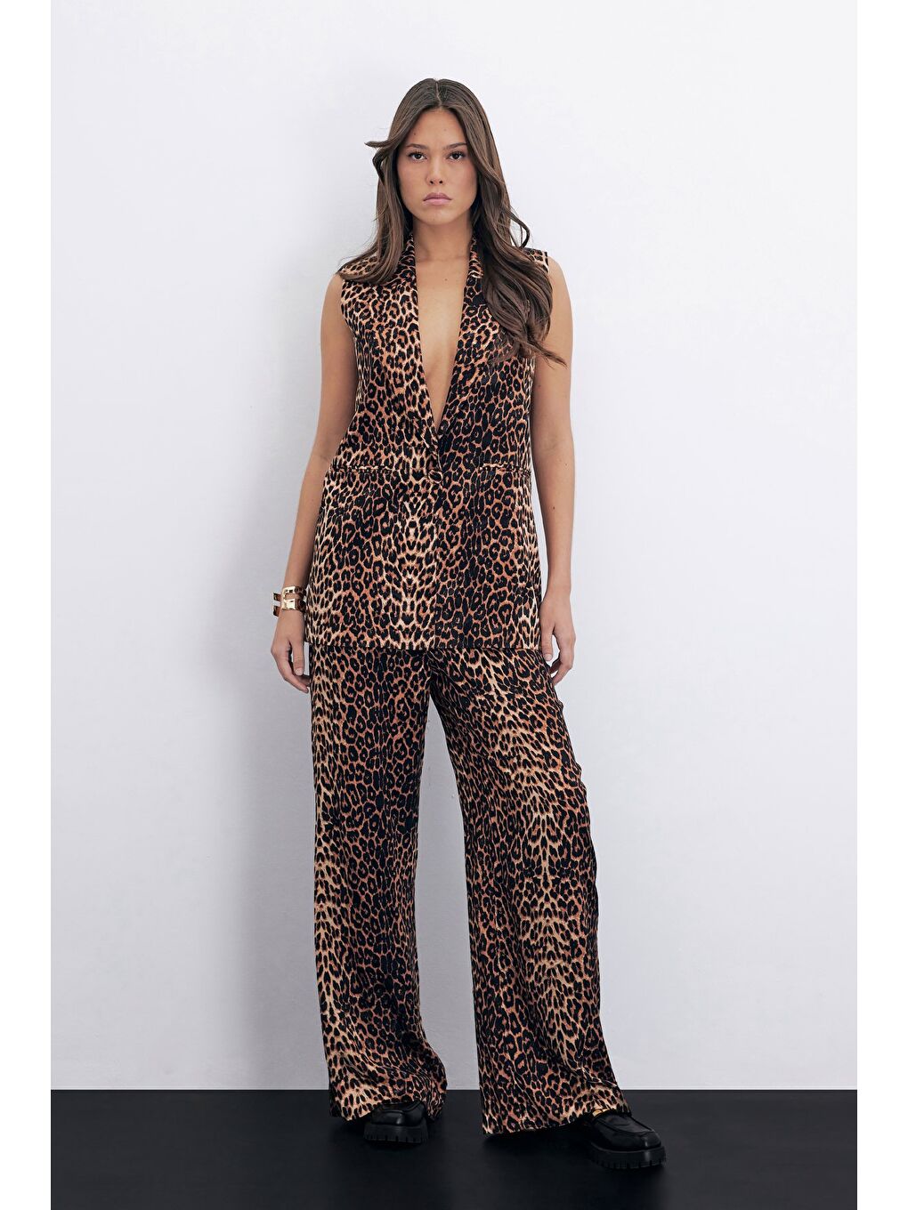 Leopar Desen Uzun Yelek - Siyah-1