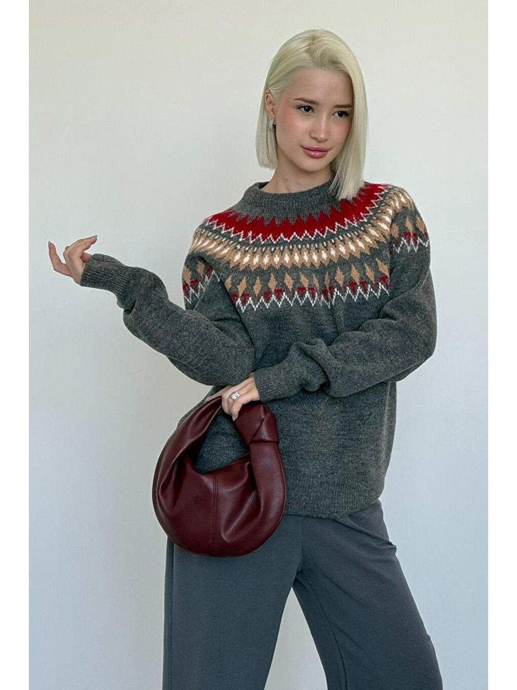 Antrasit Bisiklet Yaka Desenli Kadın Triko Kazak Mg2502-4