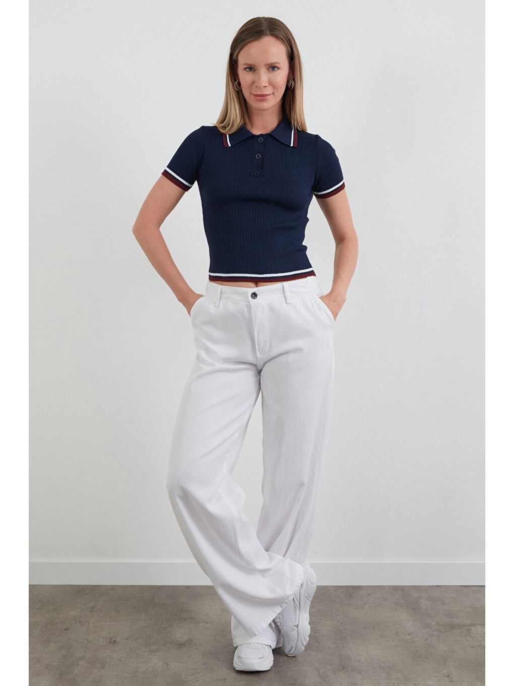 Lacivert Çizgili Fitilli Polo Yaka Triko Bluz-1