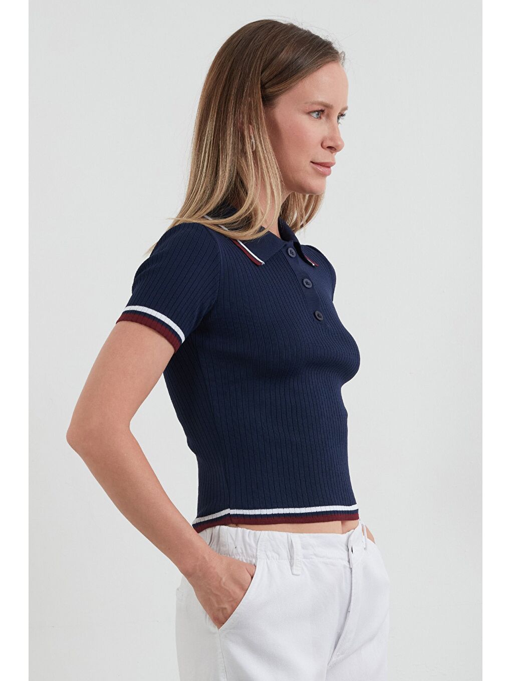 Lacivert Çizgili Fitilli Polo Yaka Triko Bluz-2