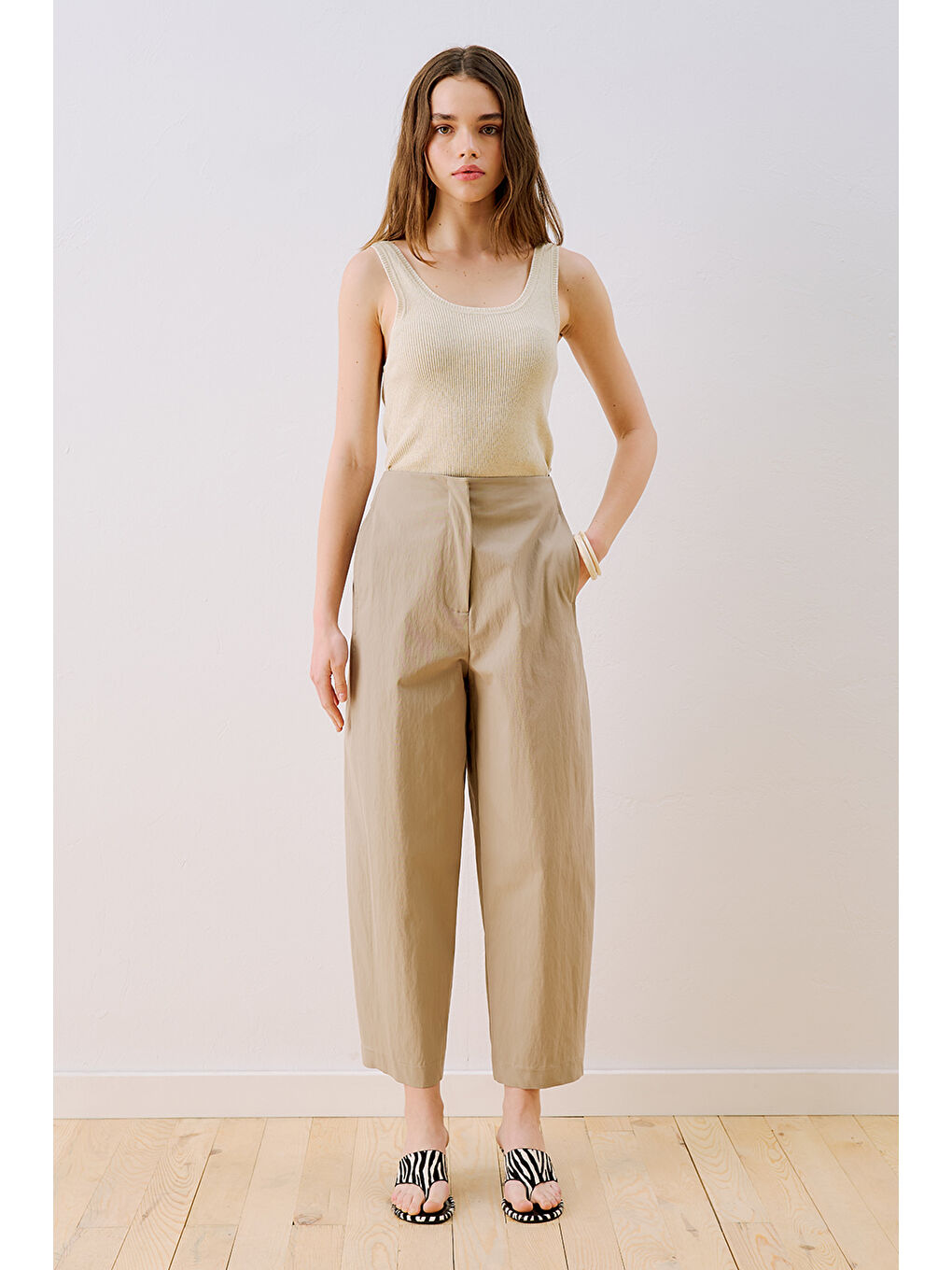 Bej Gabardin Barrel Pantolon Kum-1