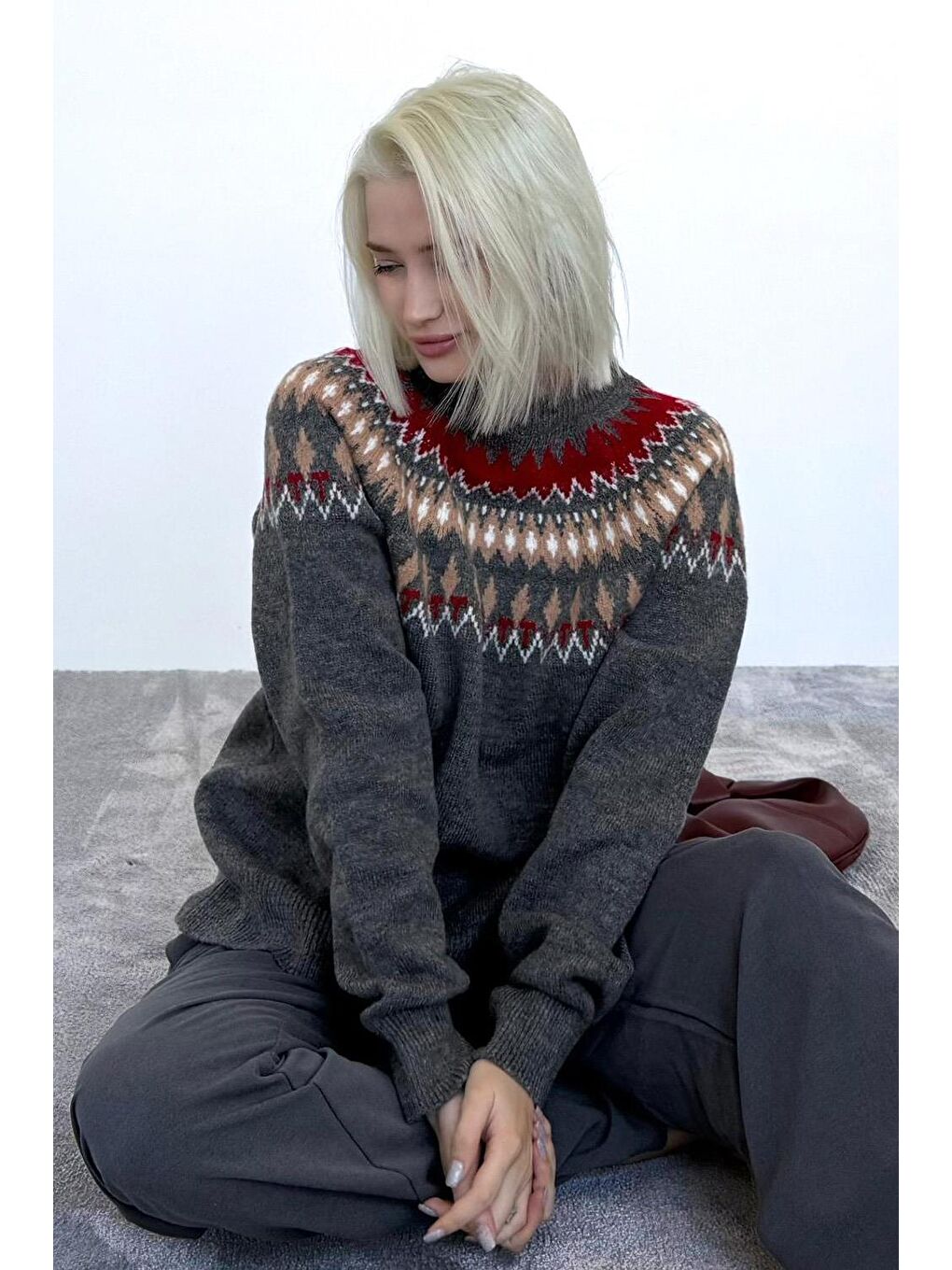 Antrasit Bisiklet Yaka Desenli Kadın Triko Kazak Mg2502-5