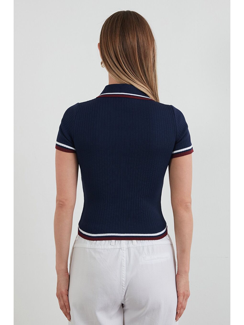 Lacivert Çizgili Fitilli Polo Yaka Triko Bluz-3
