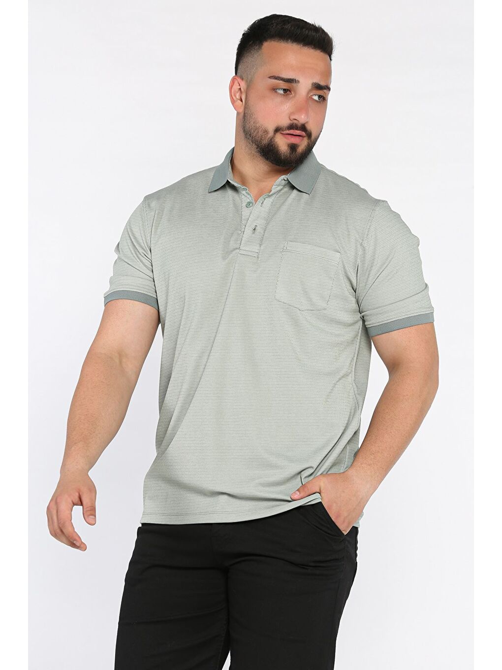 Haki Erkek Polo Yaka Tek Cepli Desenli Tişört