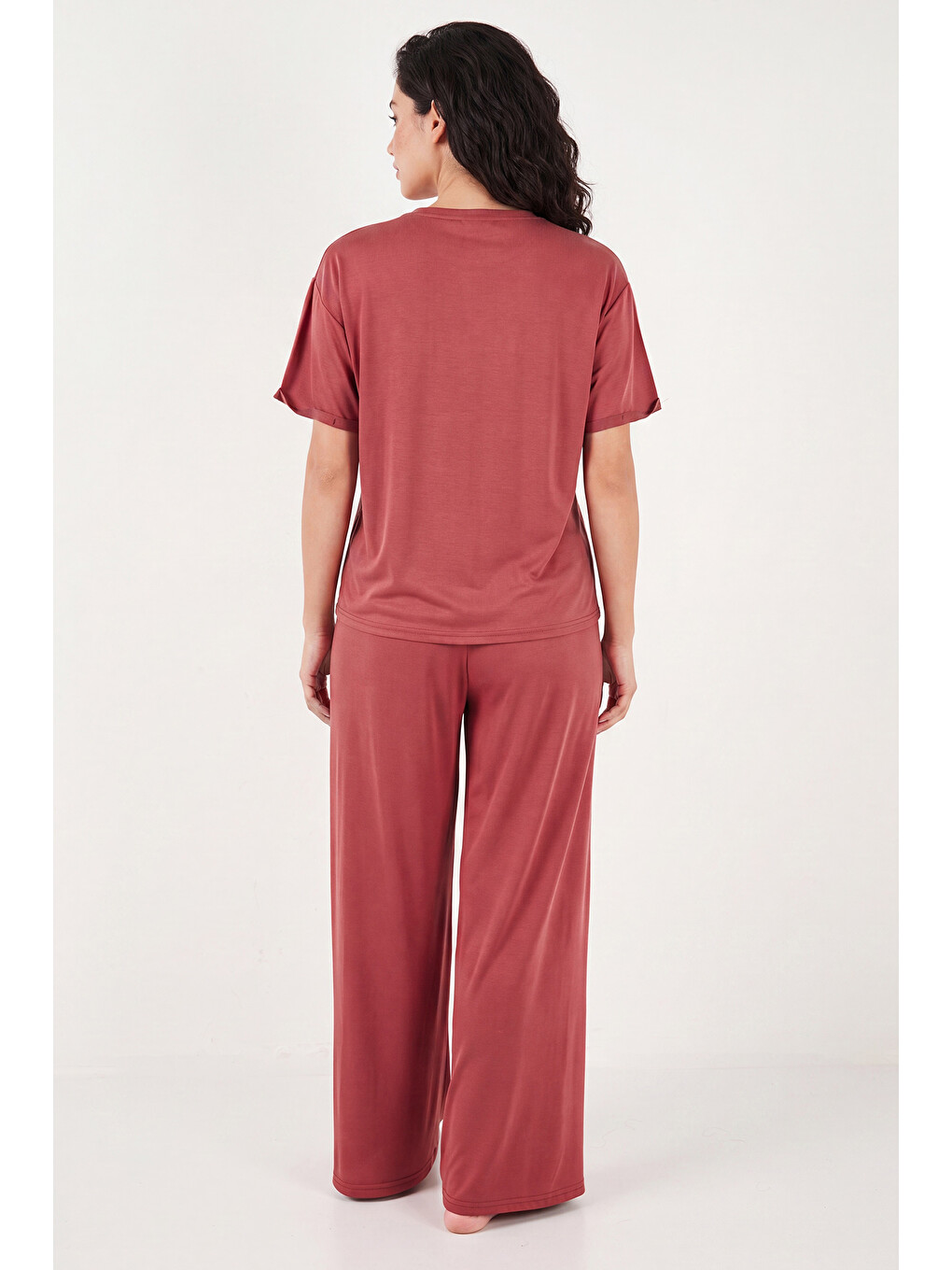Kahverengi Yumuşak Dokulu Bisiklet Yaka Lastikli Bel Kısa Kollu Kadın Pijama Takımı 65720102-6