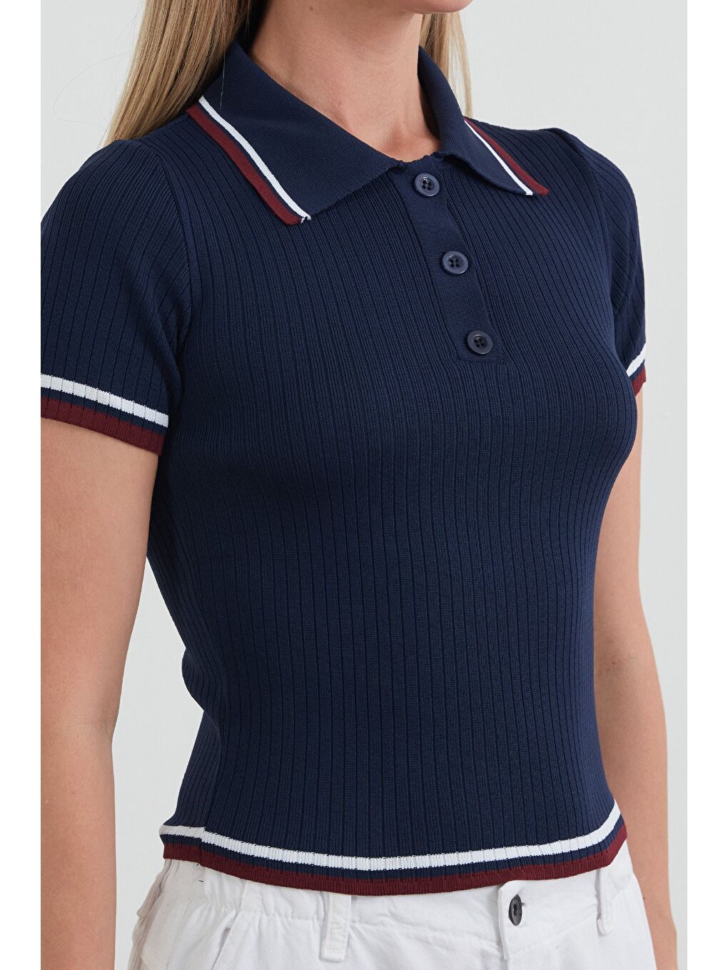 Lacivert Çizgili Fitilli Polo Yaka Triko Bluz-4