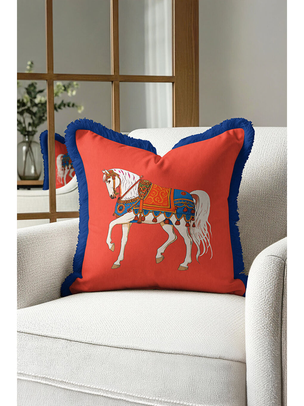Karışık Saray İhtişamlı Saçaklı Yastık Kılıfı - Asil At Figürü Bohem Kırmızı Lacivert Püsküllü Kırlent Kılıf