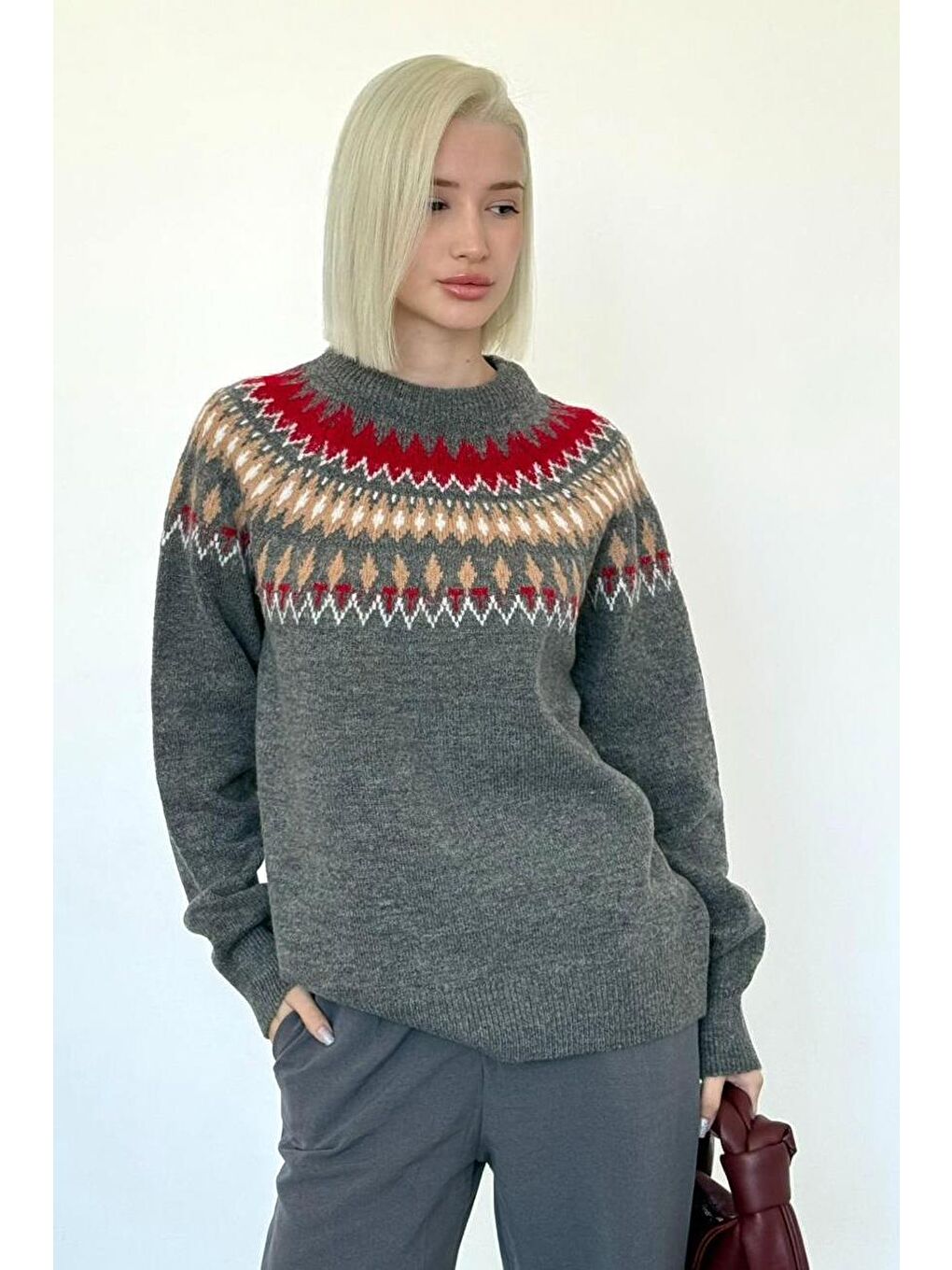 Antrasit Bisiklet Yaka Desenli Kadın Triko Kazak Mg2502-6