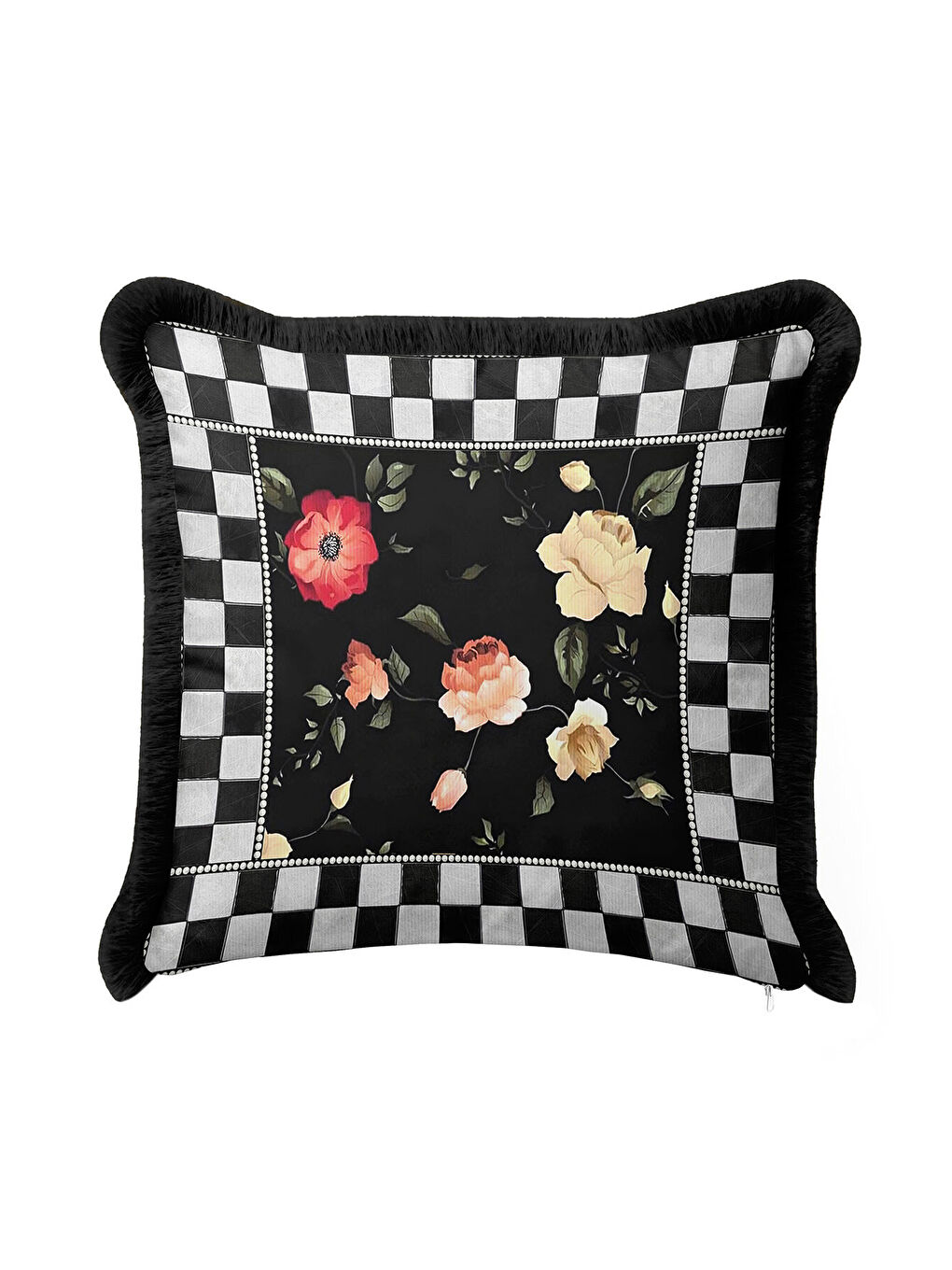 Karışık Zarif Çiçekli Saçaklı Yastık Kılıfı - Monokrom Bohem Siyah Püsküllü Kırlent Kılıfı-1
