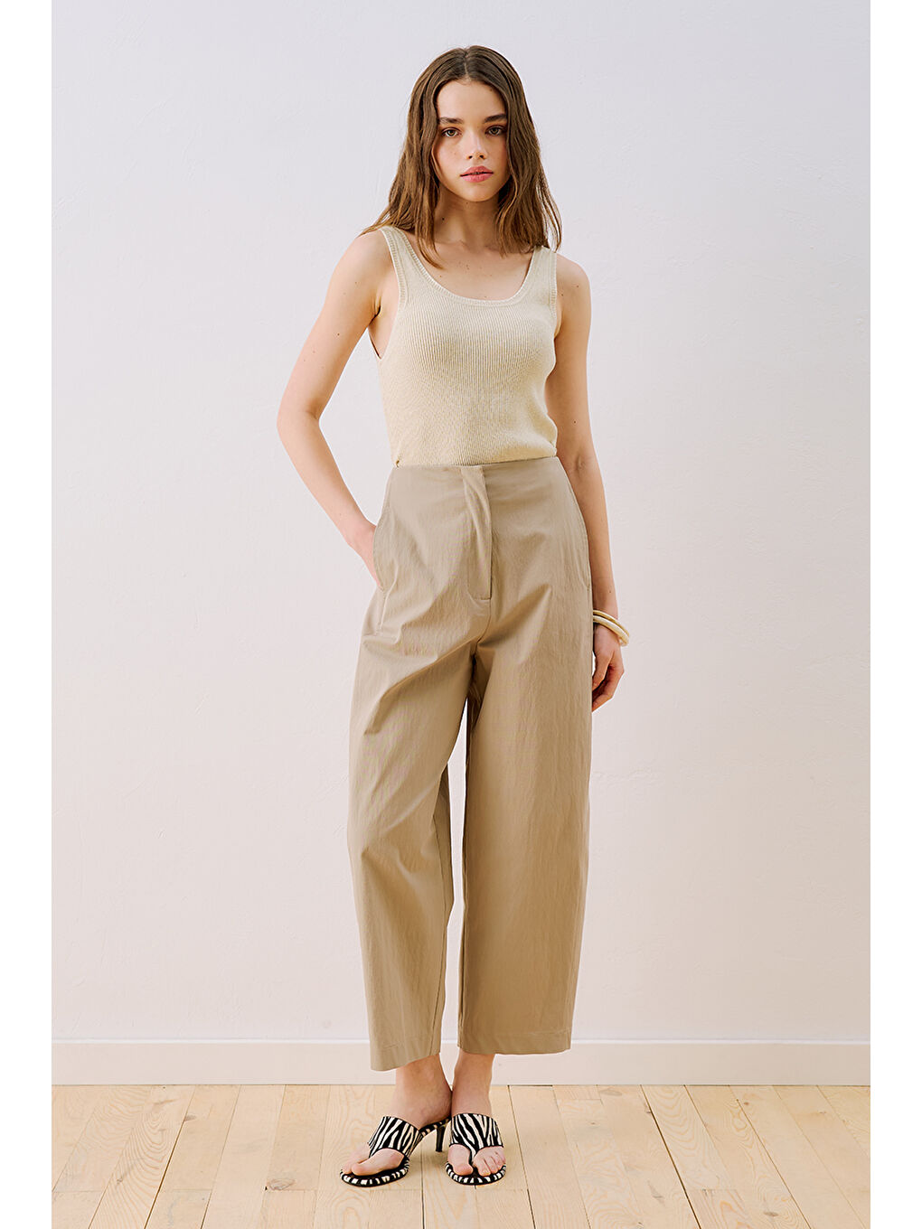 Bej Gabardin Barrel Pantolon Kum-2