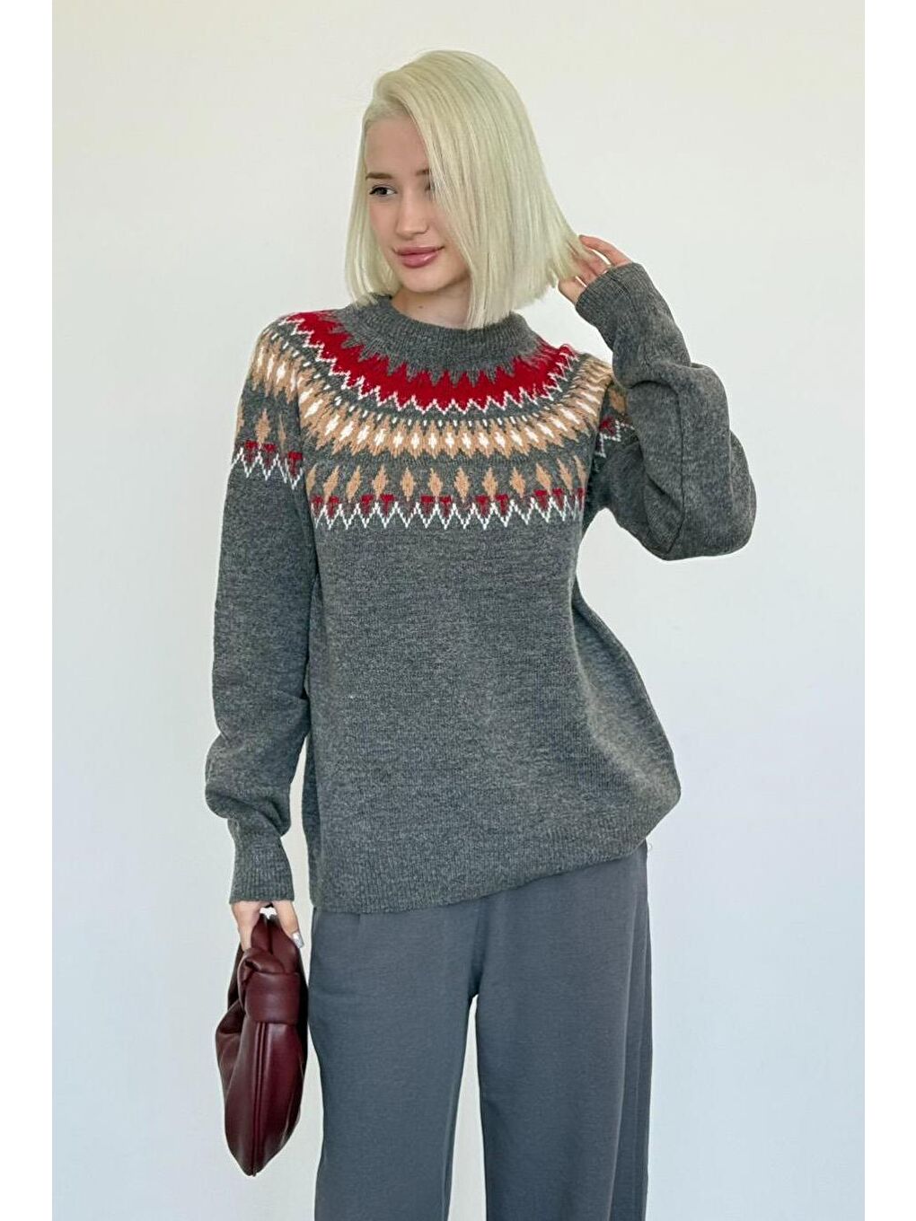 Antrasit Bisiklet Yaka Desenli Kadın Triko Kazak Mg2502-7