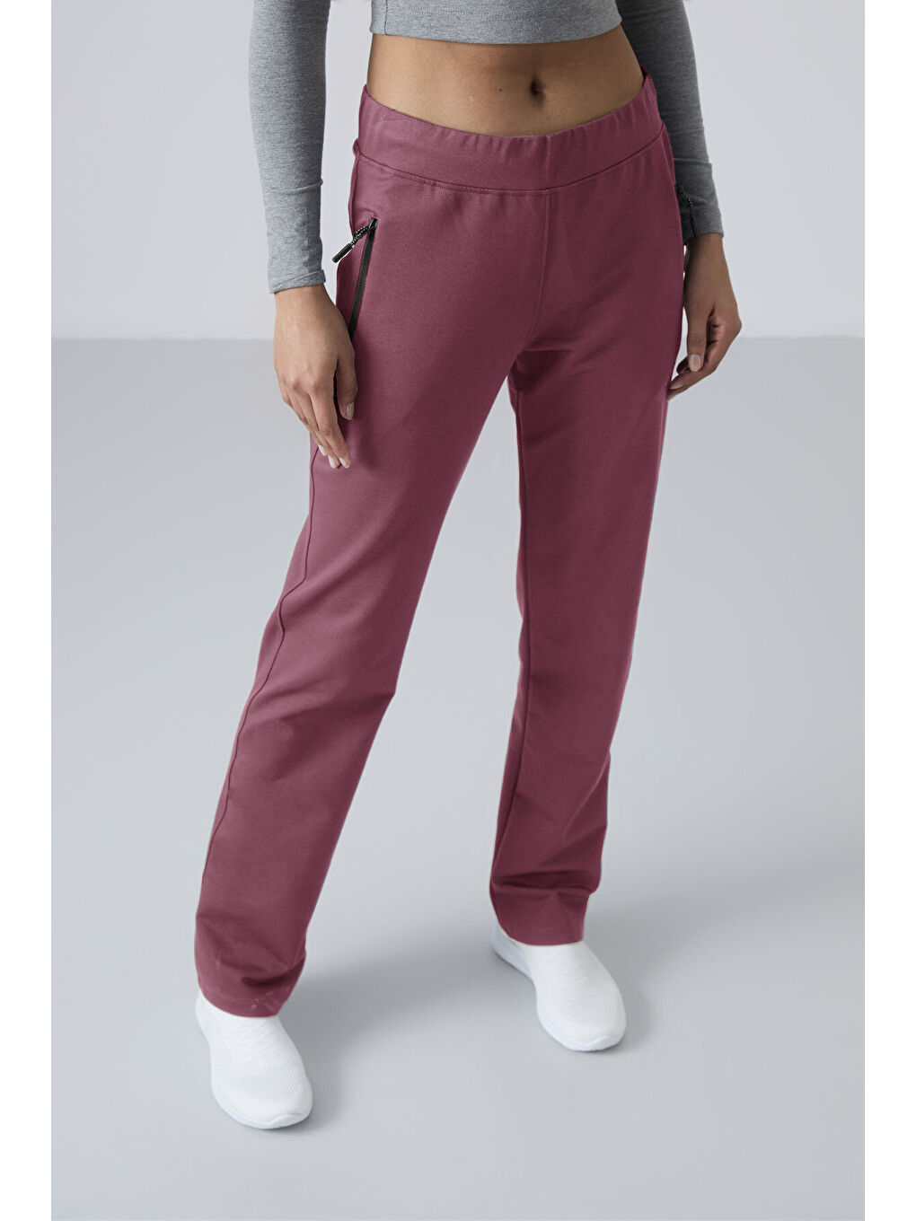 Kırmızı Soft Vişne Fermuar Cepli Rahat Form Klasik Paça Kadın Eşofman Alt - 94195-3