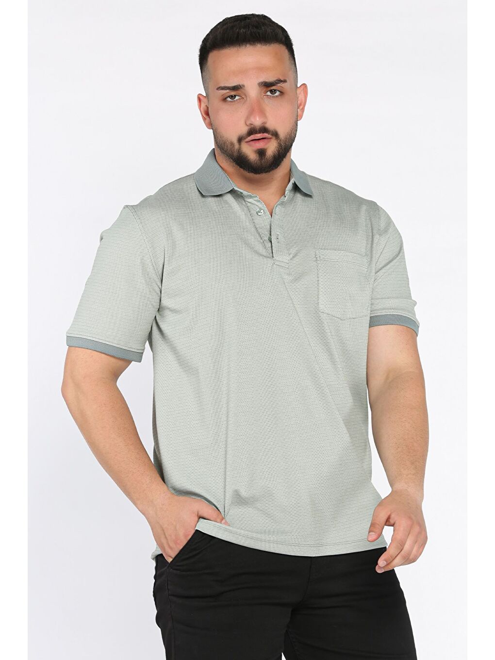 Haki Erkek Polo Yaka Tek Cepli Desenli Tişört-1