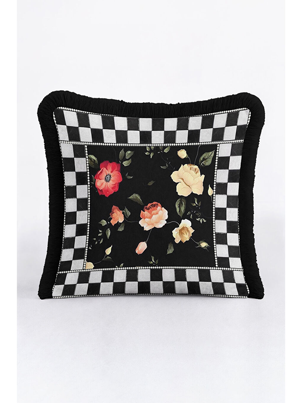 Karışık Zarif Çiçekli Saçaklı Yastık Kılıfı - Monokrom Bohem Siyah Püsküllü Kırlent Kılıfı-2