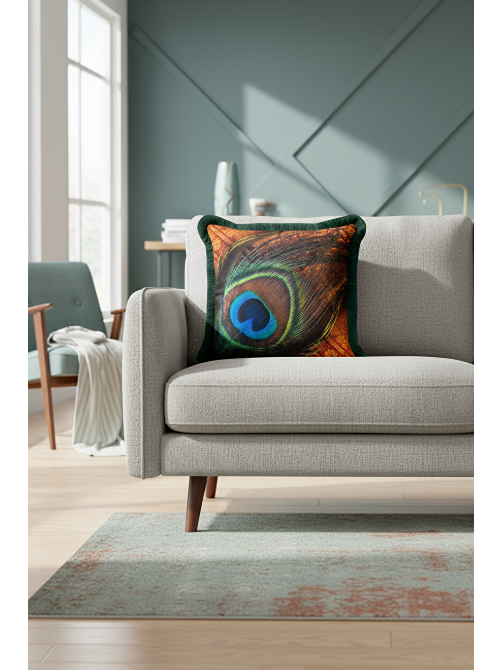 Karışık Zümrüt Yeşili Tavus Tüyü Saçaklı Yastık Kılıfı - Bohem Lüks Turuncu Yeşil Püsküllü Kırlent Kılıfı