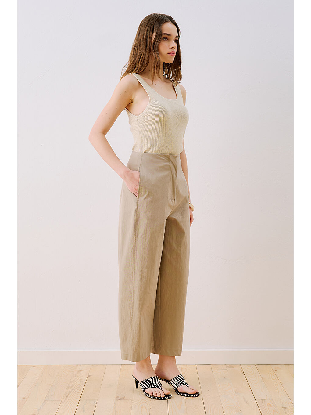 Bej Gabardin Barrel Pantolon Kum-3