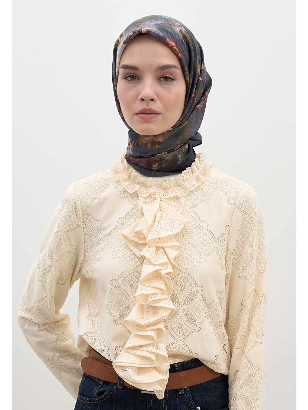 Evelyne Desen Pamuklu Viskon Eşarp Lacivert-1