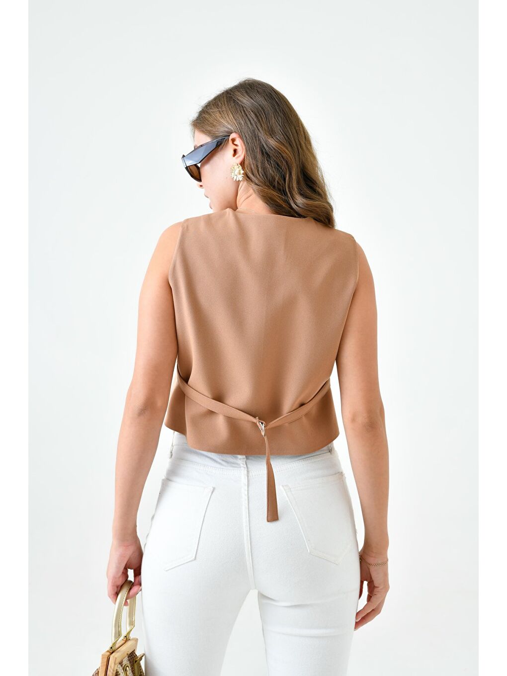 Kahverengi Kamel Bağlamalı V Yaka Yelek-3