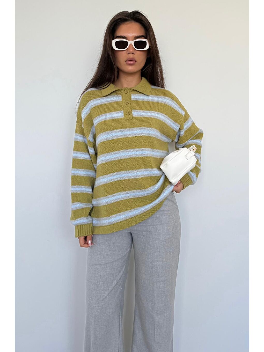 Yeşil Polo Yaka Çizgili Kadın Triko Kazak Mg2469