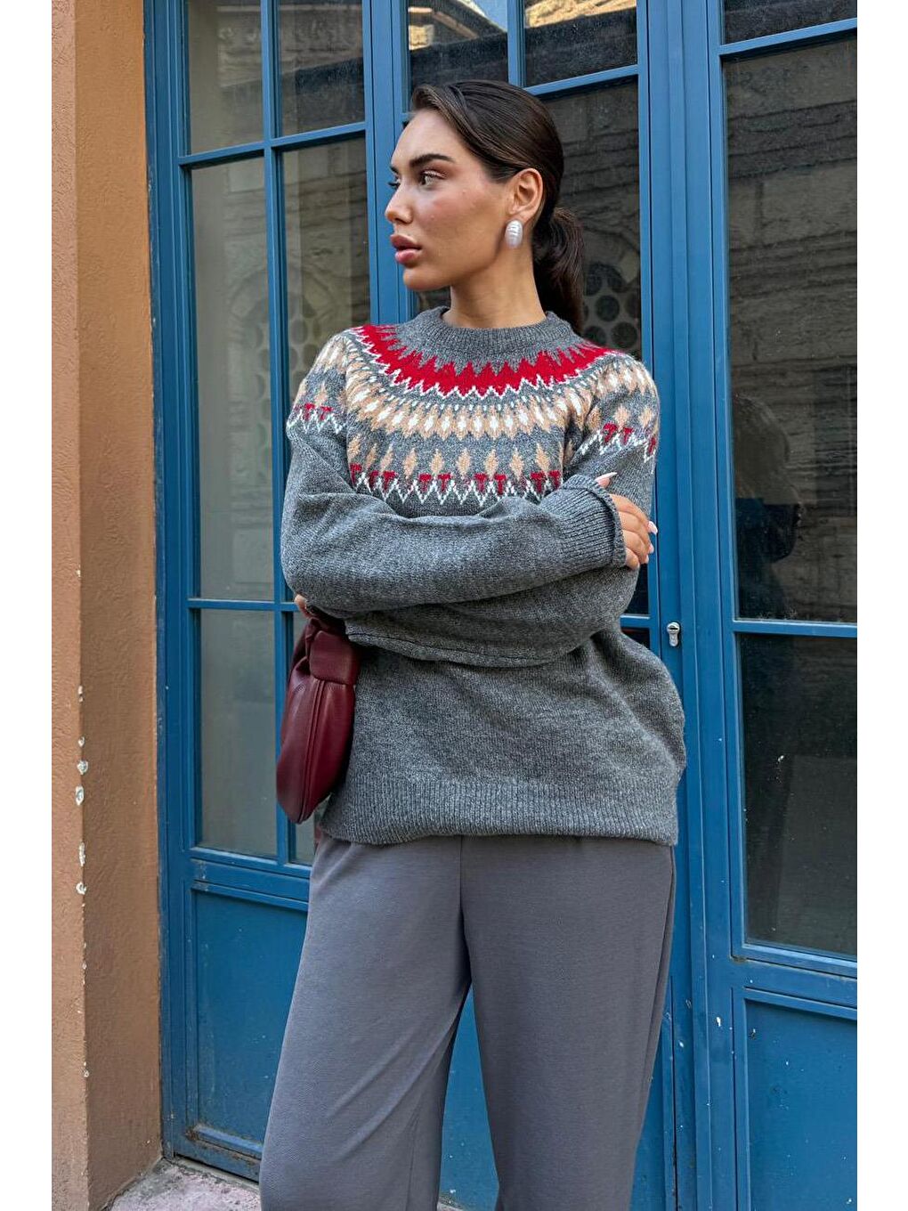 Antrasit Bisiklet Yaka Desenli Kadın Triko Kazak Mg2502-8