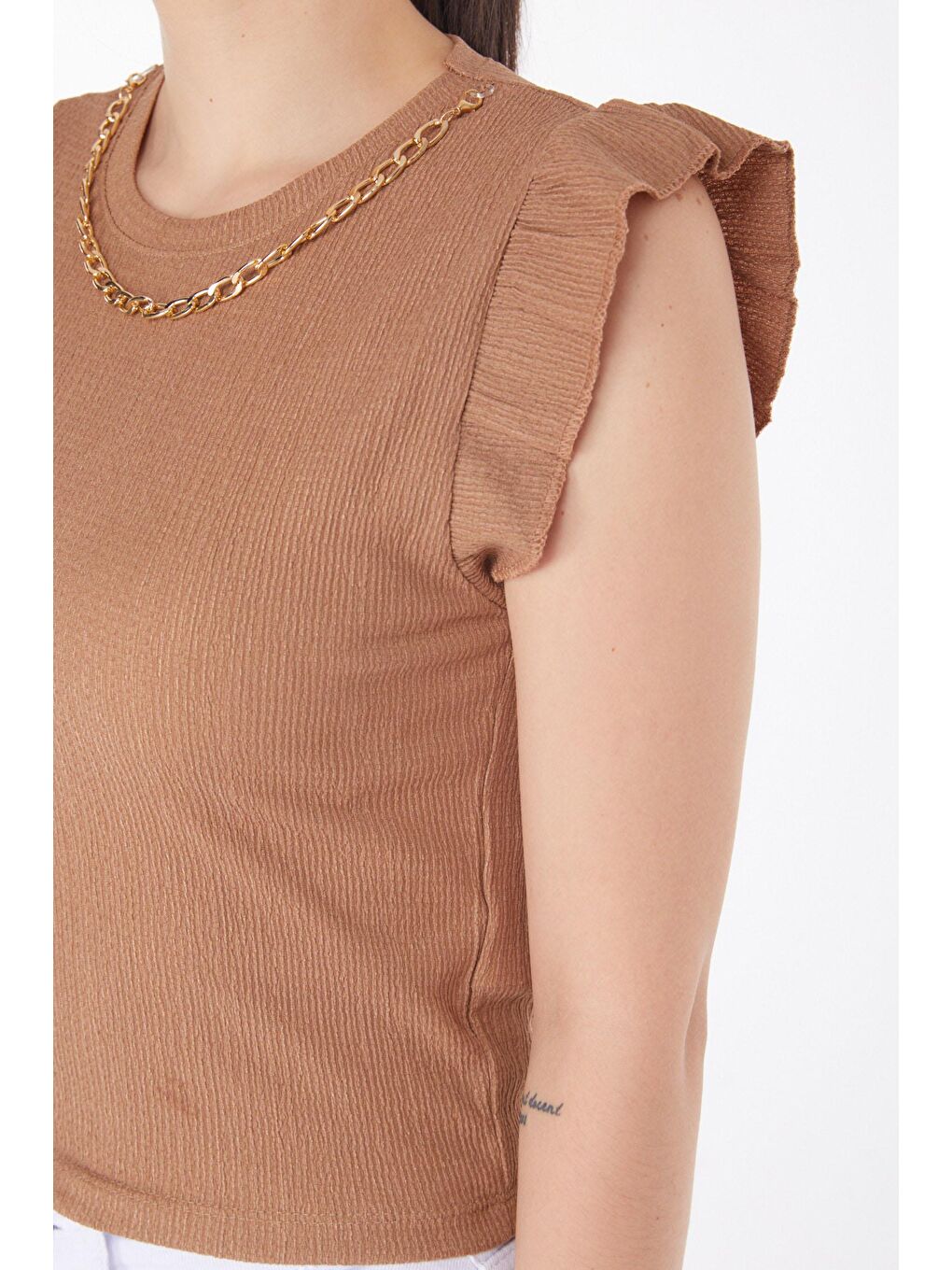 Bej Bisiklet Yaka Kadın Vizon Zincir Kolyeli Bluz - 25861-4