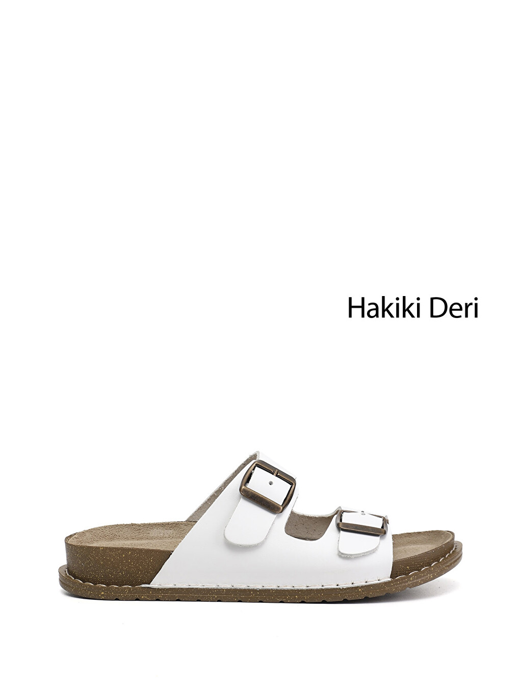 Beyaz Kadın CANLI BEYAZ Çift Tokalı Hakiki Deri Terlik