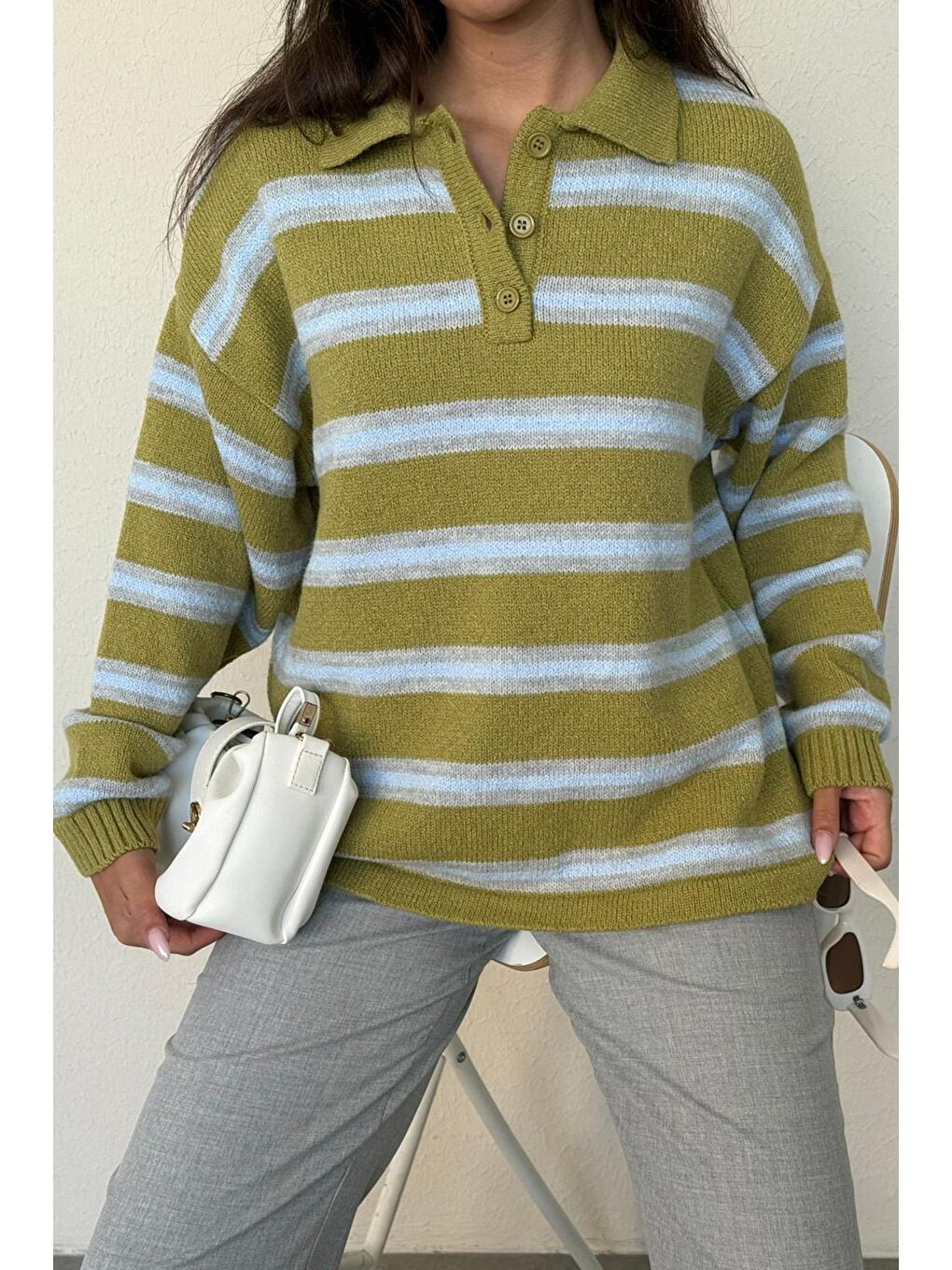 Yeşil Polo Yaka Çizgili Kadın Triko Kazak Mg2469-1