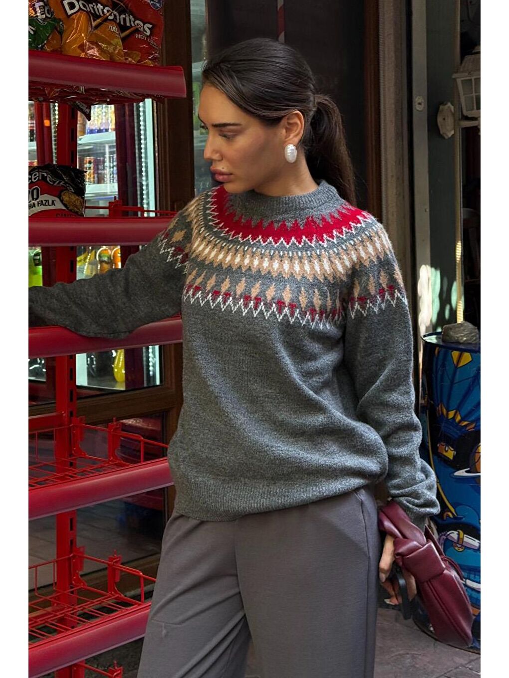 Antrasit Bisiklet Yaka Desenli Kadın Triko Kazak Mg2502-9