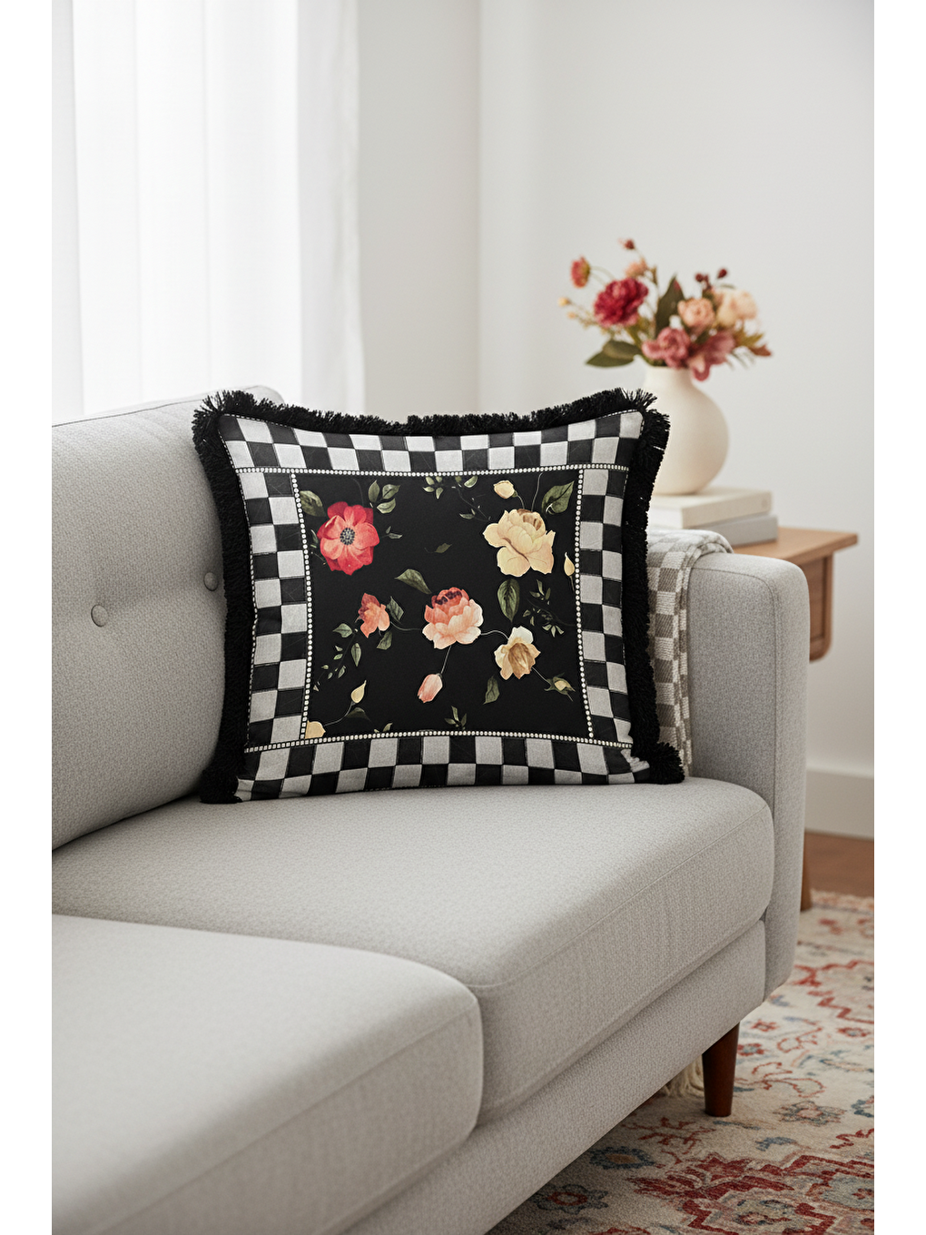 Karışık Zarif Çiçekli Saçaklı Yastık Kılıfı - Monokrom Bohem Siyah Püsküllü Kırlent Kılıfı-3