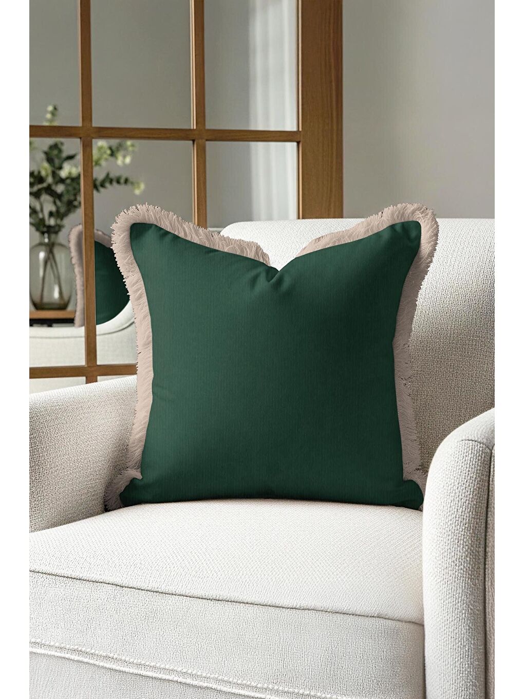 Karışık Zümrüt Yeşili Lüks Saçaklı Yastık Kılıfı - Klasik Country Bej Kenarlı Püsküllü Kırlent Kılıfı-1