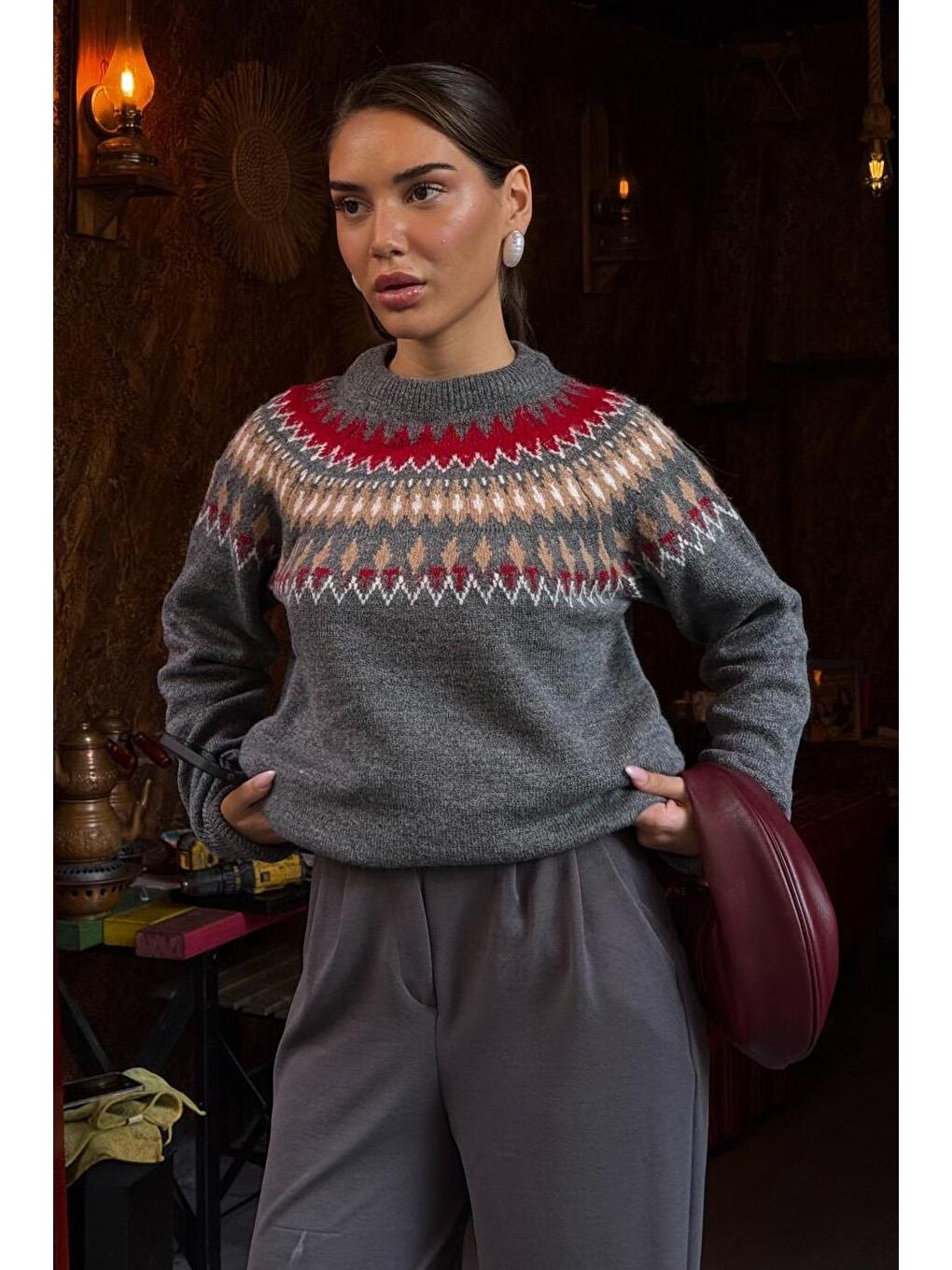 Antrasit Bisiklet Yaka Desenli Kadın Triko Kazak Mg2502-10