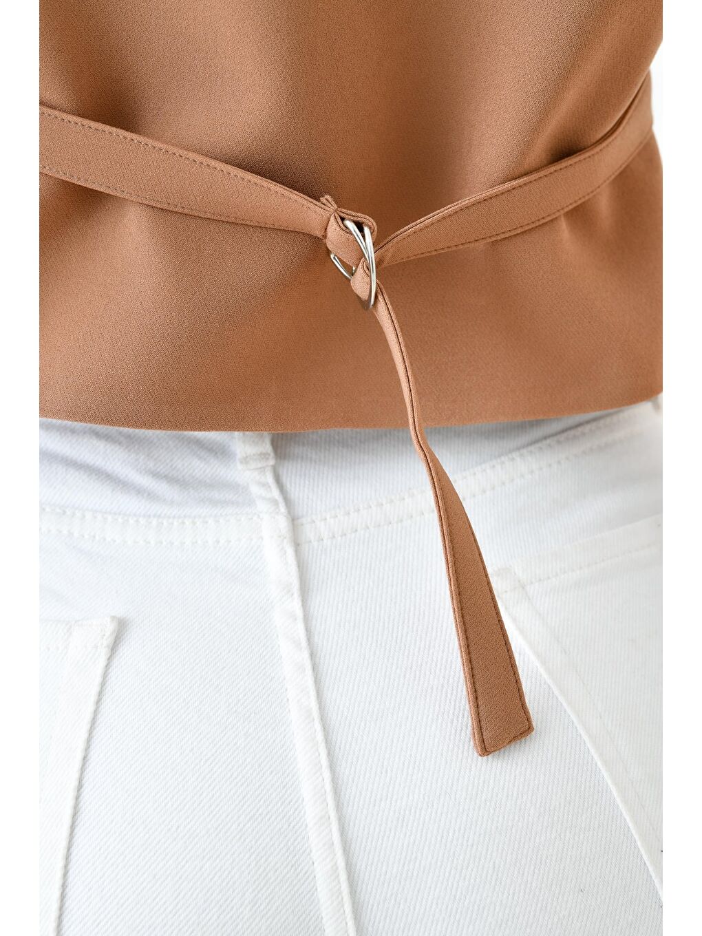 Kahverengi Kamel Bağlamalı V Yaka Yelek-4