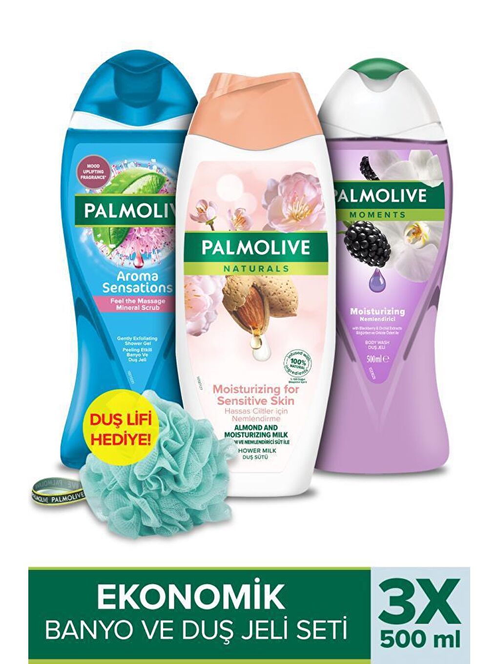 Palmolive Karışık Massage 500 ml+ Natural Almond + PO Moments 500 ml + Duş Lifi