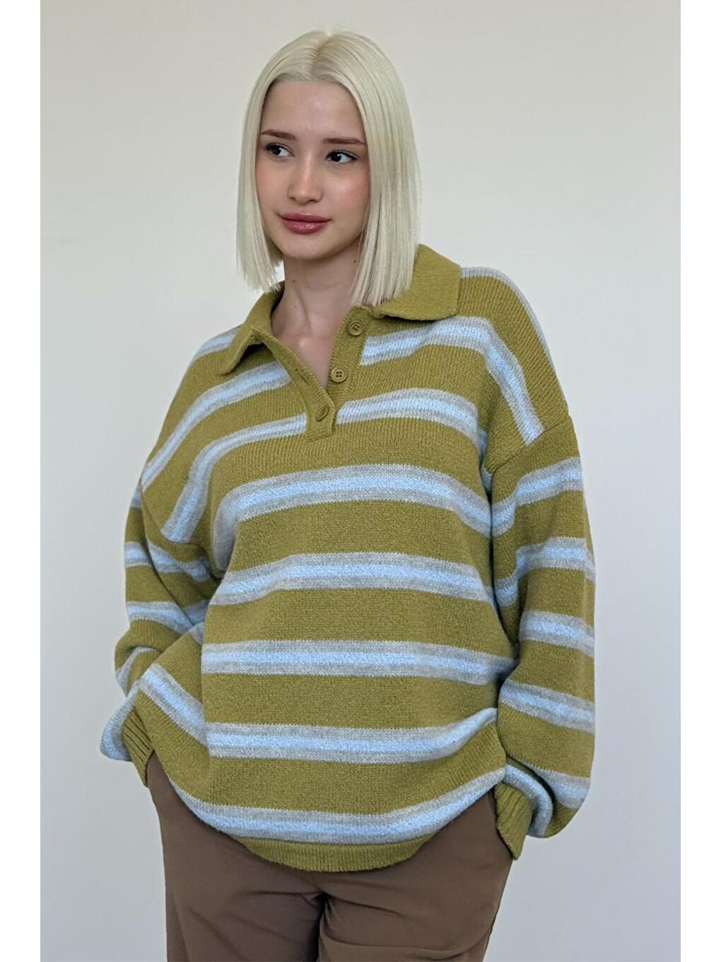 Yeşil Polo Yaka Çizgili Kadın Triko Kazak Mg2469-2