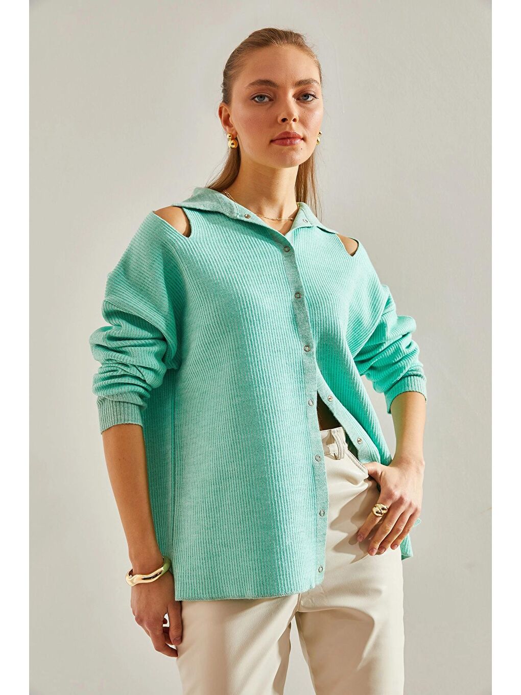 Turkuaz Kadın Omuz Dekolteli Yakalı Triko Hırka-4