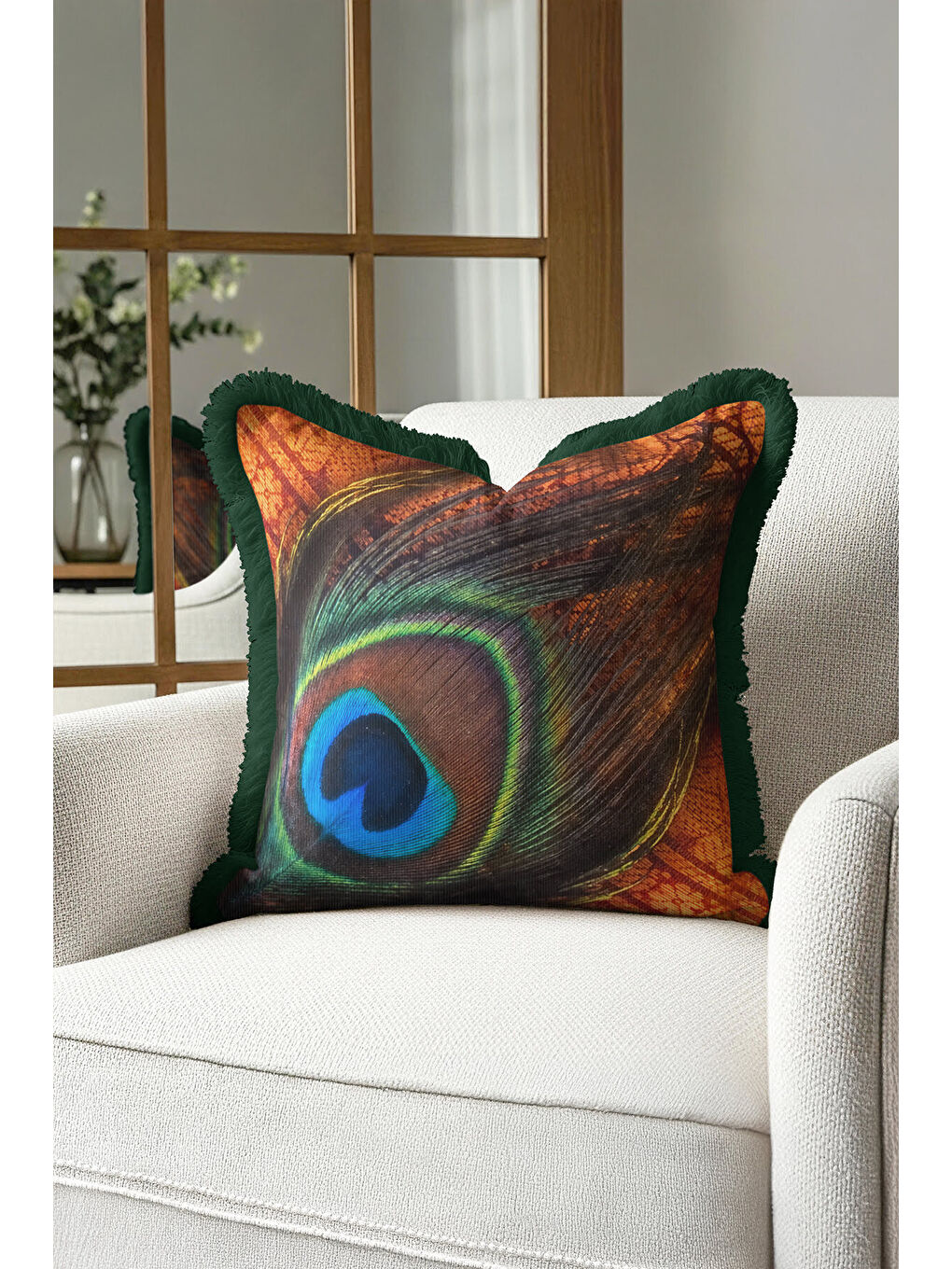 Karışık Zümrüt Yeşili Tavus Tüyü Saçaklı Yastık Kılıfı - Bohem Lüks Turuncu Yeşil Püsküllü Kırlent Kılıfı-1