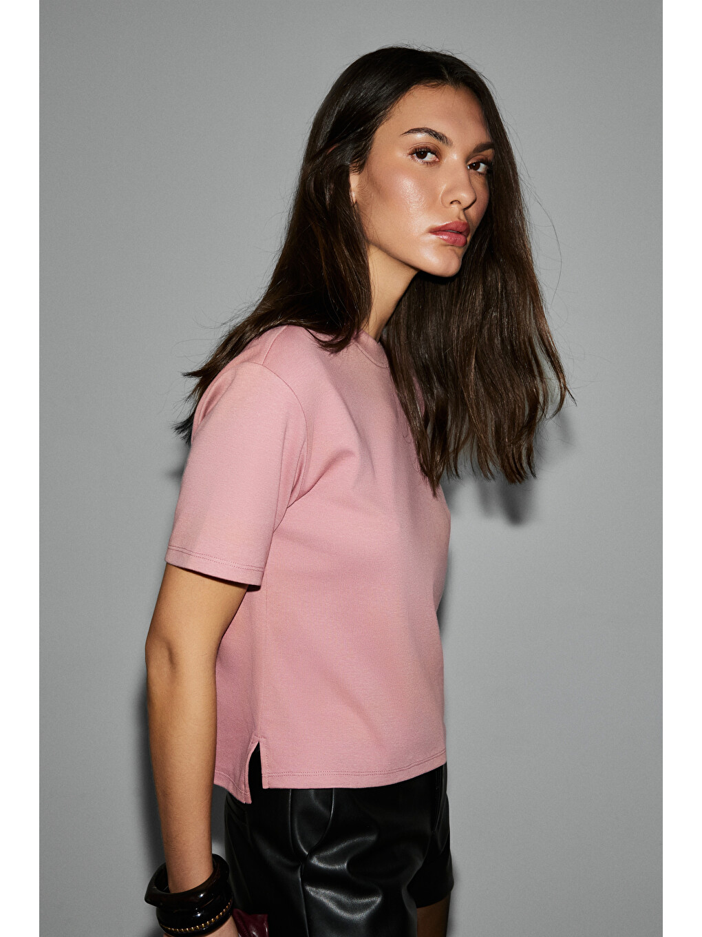 Pembe COLENA Kadın Organik Pamuklu Bisiklet Yaka Oversize Fit Kısa Kollu PEMBE T-Shirt-2