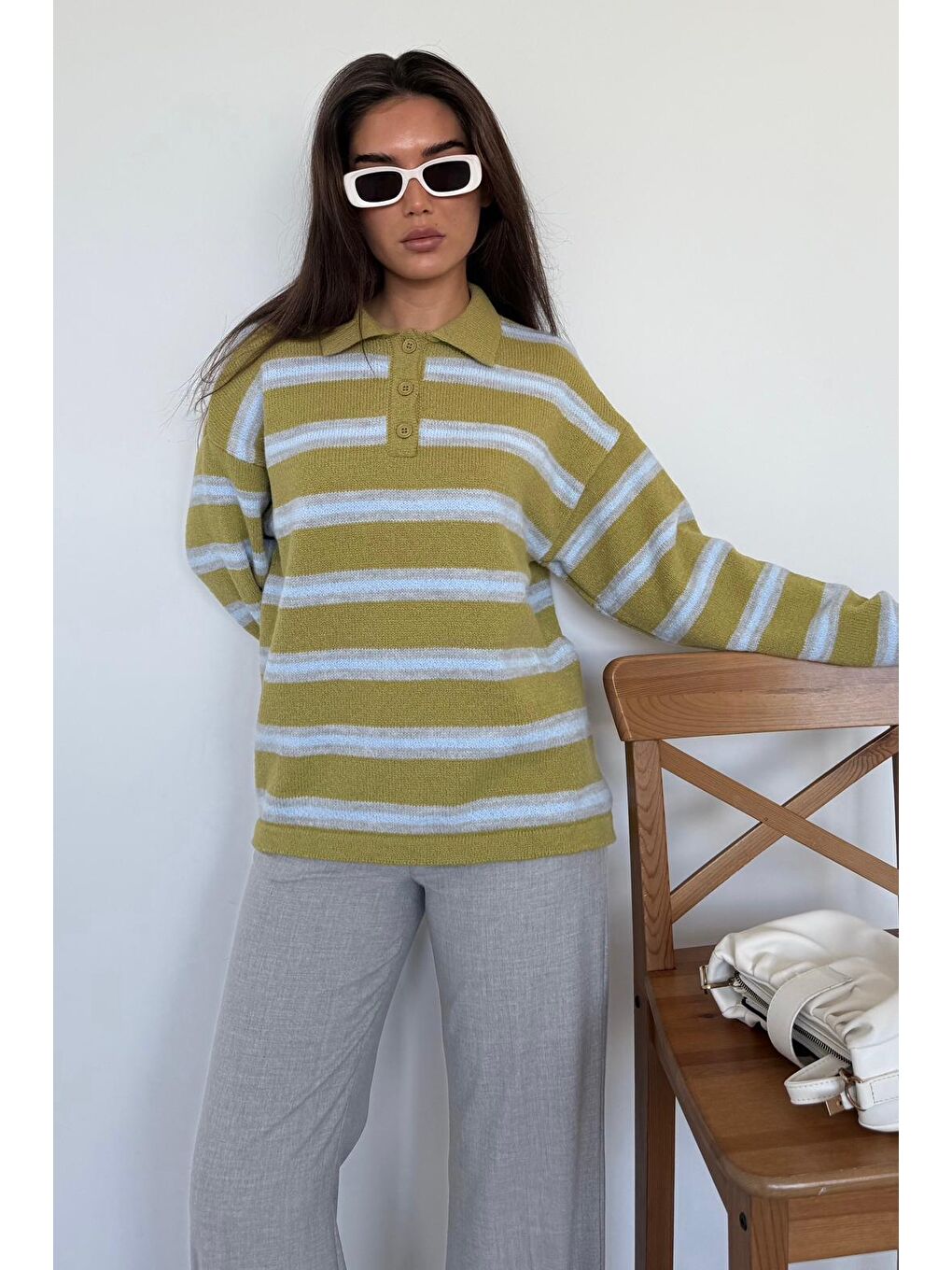 Yeşil Polo Yaka Çizgili Kadın Triko Kazak Mg2469-4