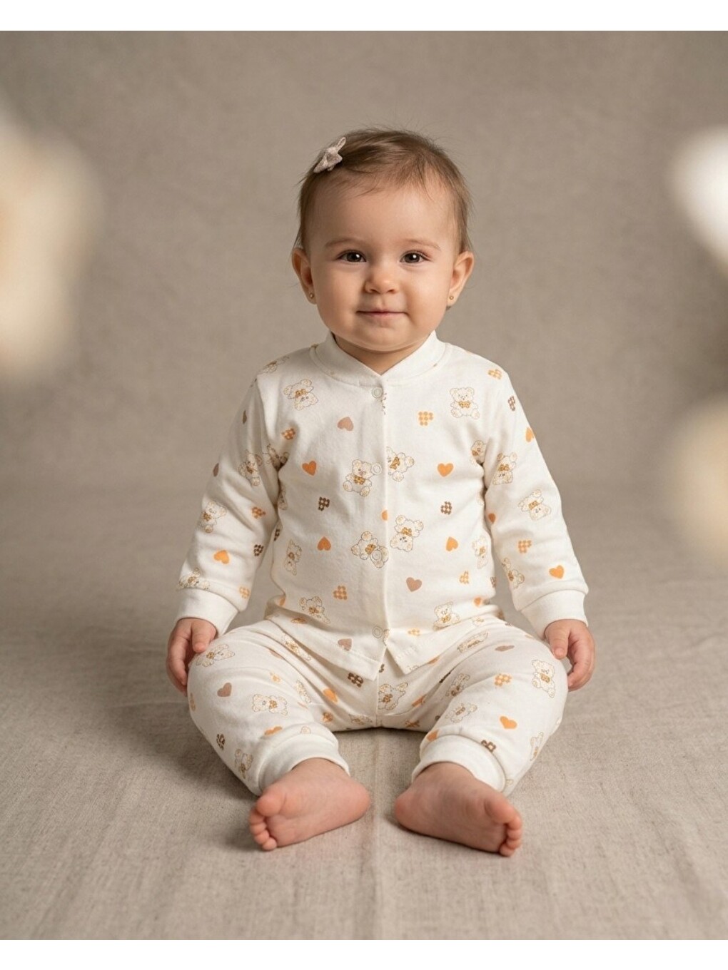 Ekru Kız Bebek Kalp Ve Ayıcık Baskılı Çıtçıtlı Mevsimlik %100 Pamuk Gecelik Alt Üst Pijama Takımı-1