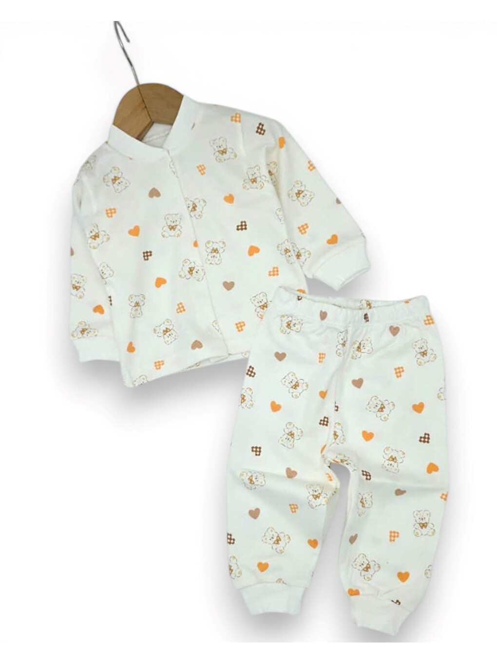 Ekru Kız Bebek Kalp Ve Ayıcık Baskılı Çıtçıtlı Mevsimlik %100 Pamuk Gecelik Alt Üst Pijama Takımı-2