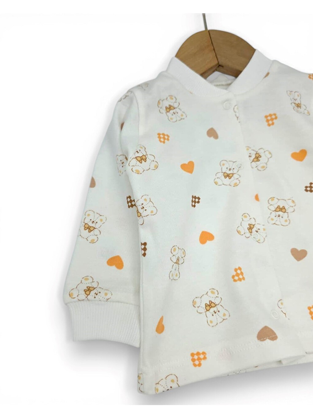 Ekru Kız Bebek Kalp Ve Ayıcık Baskılı Çıtçıtlı Mevsimlik %100 Pamuk Gecelik Alt Üst Pijama Takımı-3